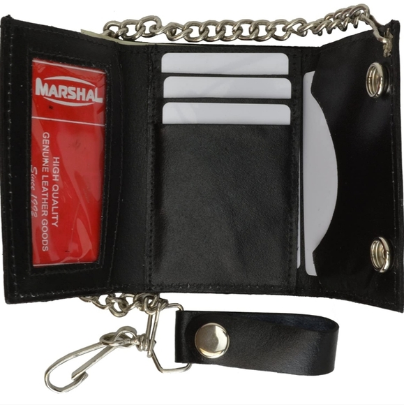 Black LEATHER Trifold Biker's Chain wallet - Picture 1 of 4